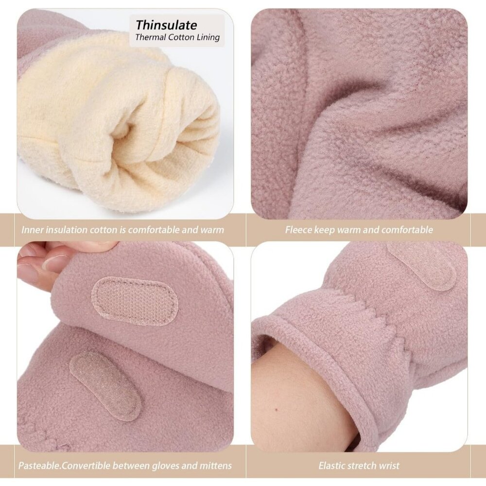 Gloves Fingerless Convertible Mitten Thermal Polar Fleece Insulated Lining Pink - Picture 3 of 6
